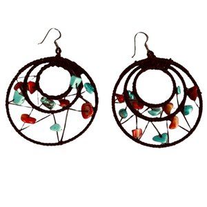 Woven Turquoise And Coral Pierced Earrings